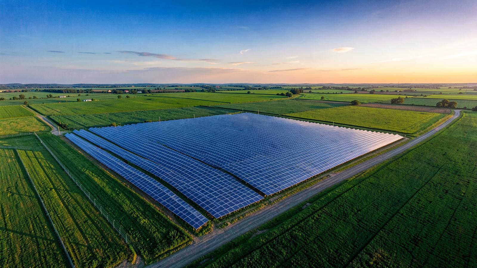 Fazenda de energia solar limpa ao amanhecer