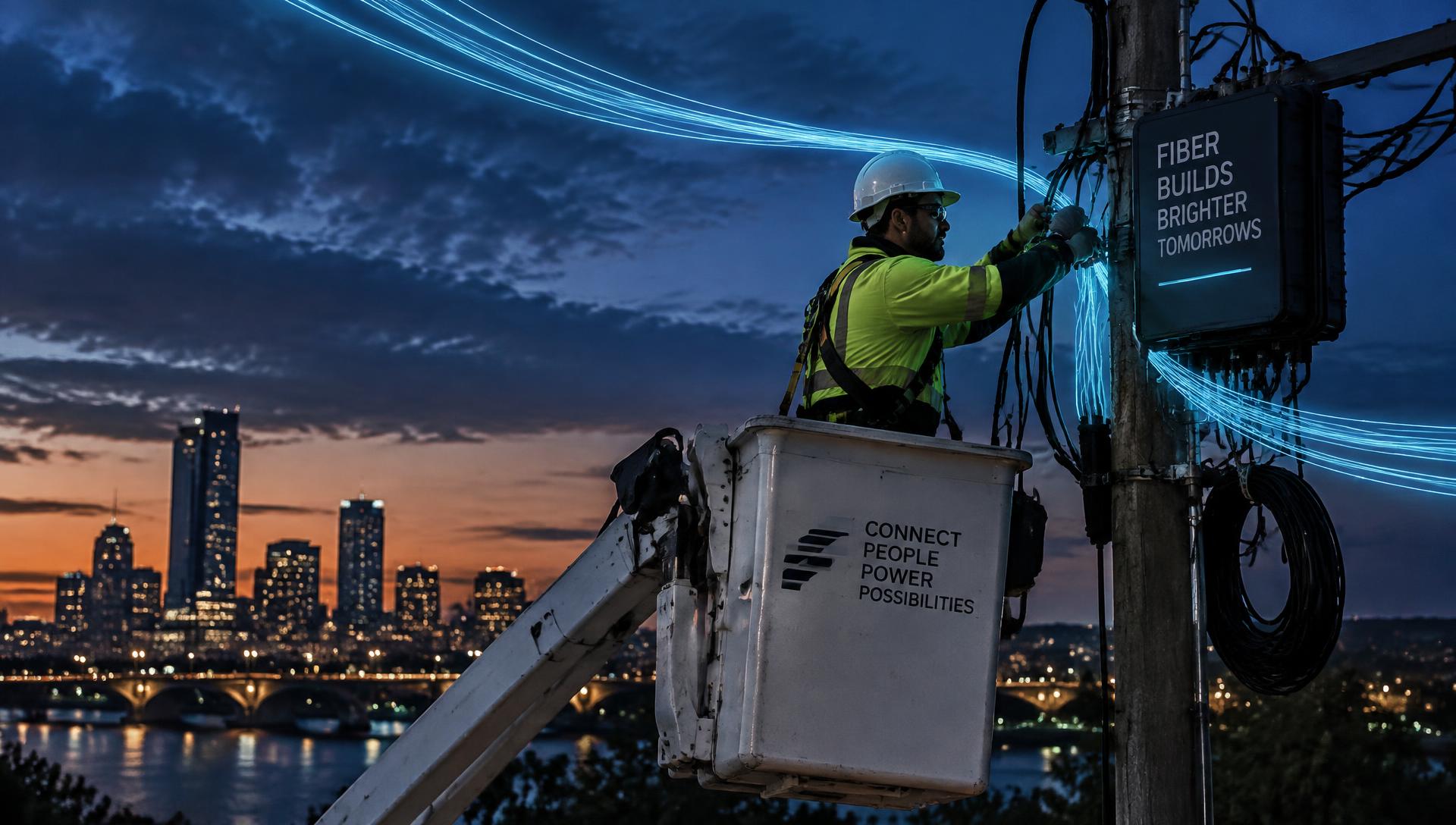Técnico instalando cabos de fibra óptica em poste ao anoitecer